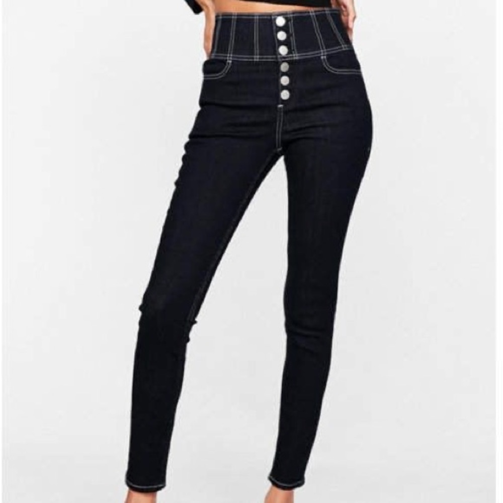 EXPRESS Dark Blue Wash Super High-Waisted Button Fly Denim Ankle Legging